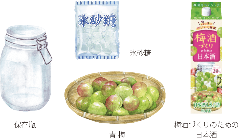 保存瓶、氷砂糖、青梅、梅酒づくりのための日本酒